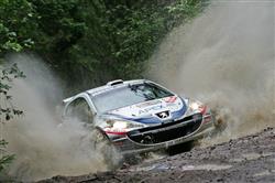 IRC Rusko :balvan za horizontem prorazil pneumatiku soutěžního speciálu Peugeot 207 S2000 Kopeckého